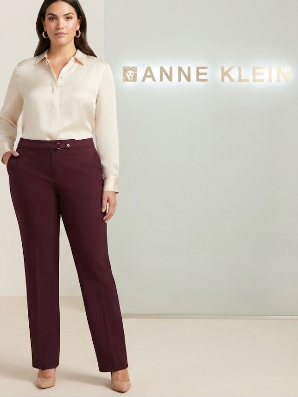 New authentic Anne Klein designer burgundy stretch dress pants sz 14